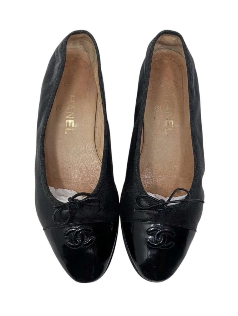 Chanel Black Pointed Ballerina Cap Toe Interlocking CC Ballet Leather Flat EU 39